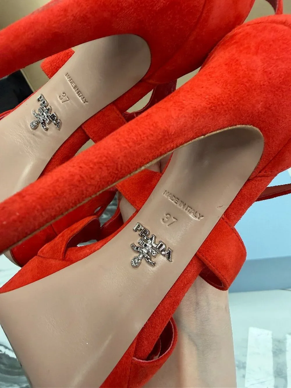 Prada Red Suede Platform Heels Strappy Sandals Stiletto Ankle Strap Size 37 - Picture 4 of 14